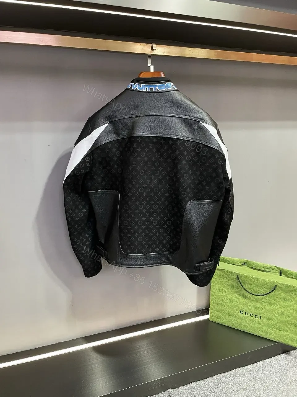 View 3 of Bold Contrast Leather Jacket Monogram Panels, Luxe Style