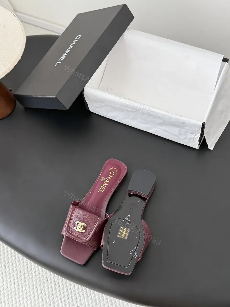View 10 of Burgundy Leather Slides – Gold Logo Hardware, Premium Comfort