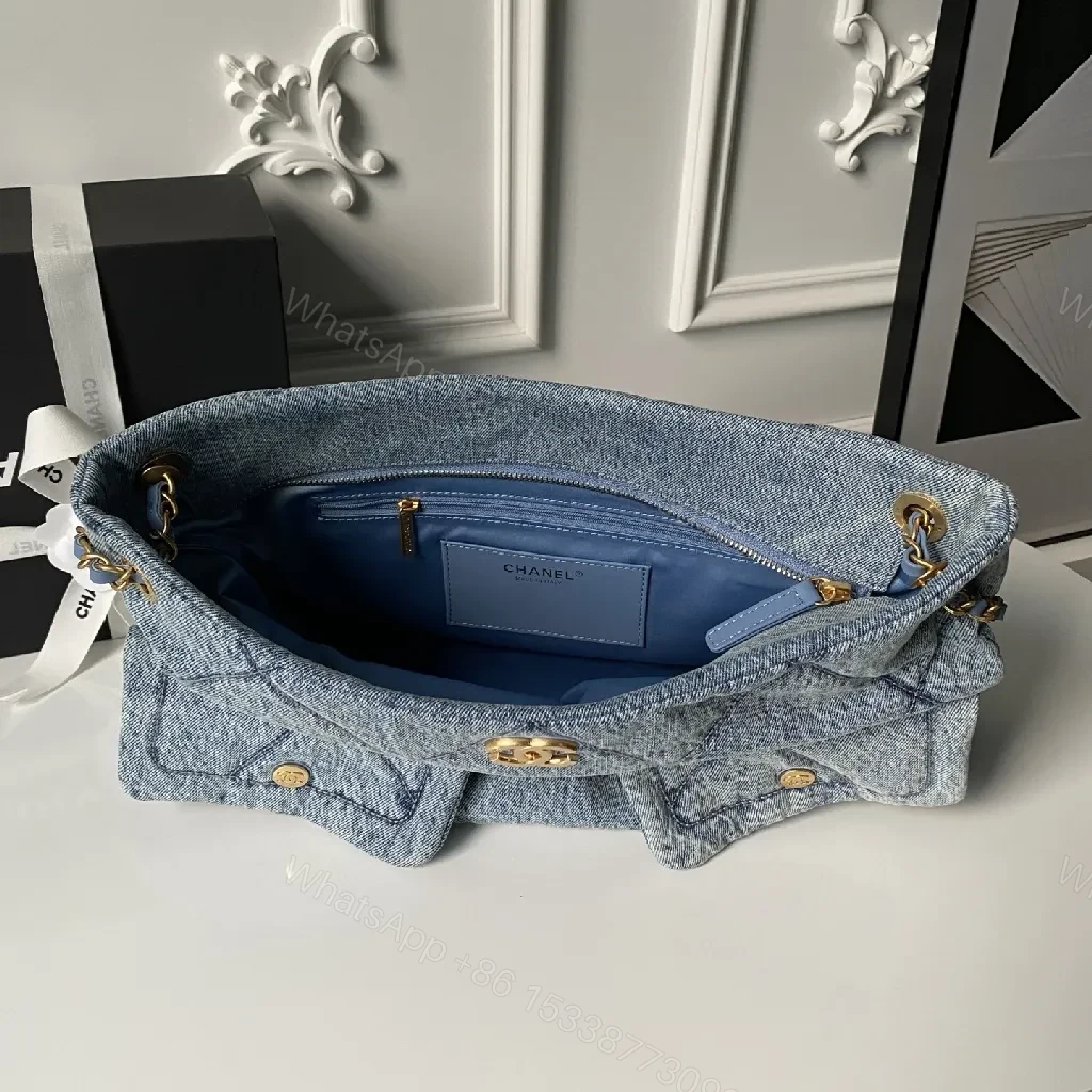 View 4 of Denim-Quilted Chanel-Inspired Structured Handbag