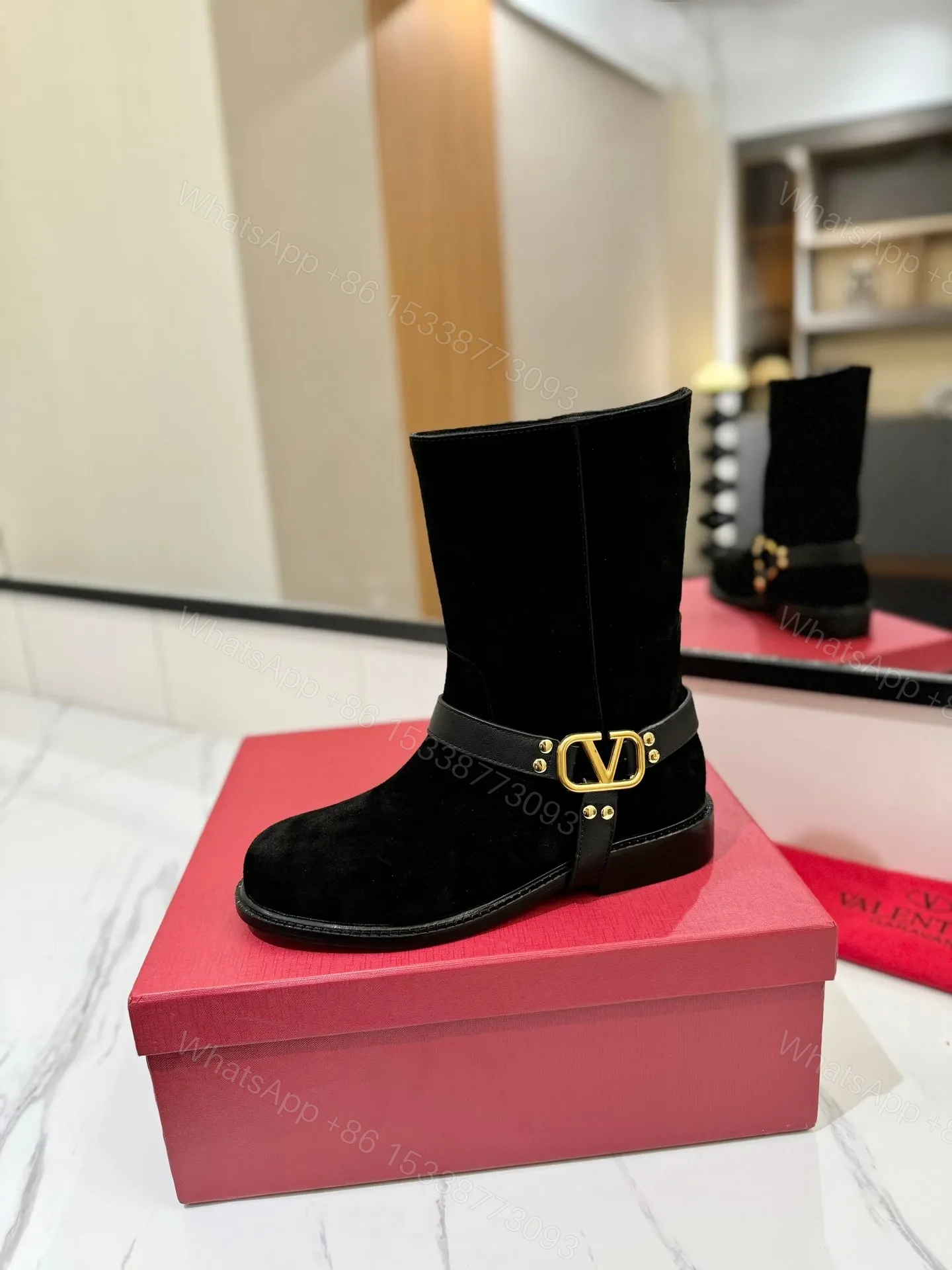 View 5 of Valentino Women Black Suede Leather Strap Boots