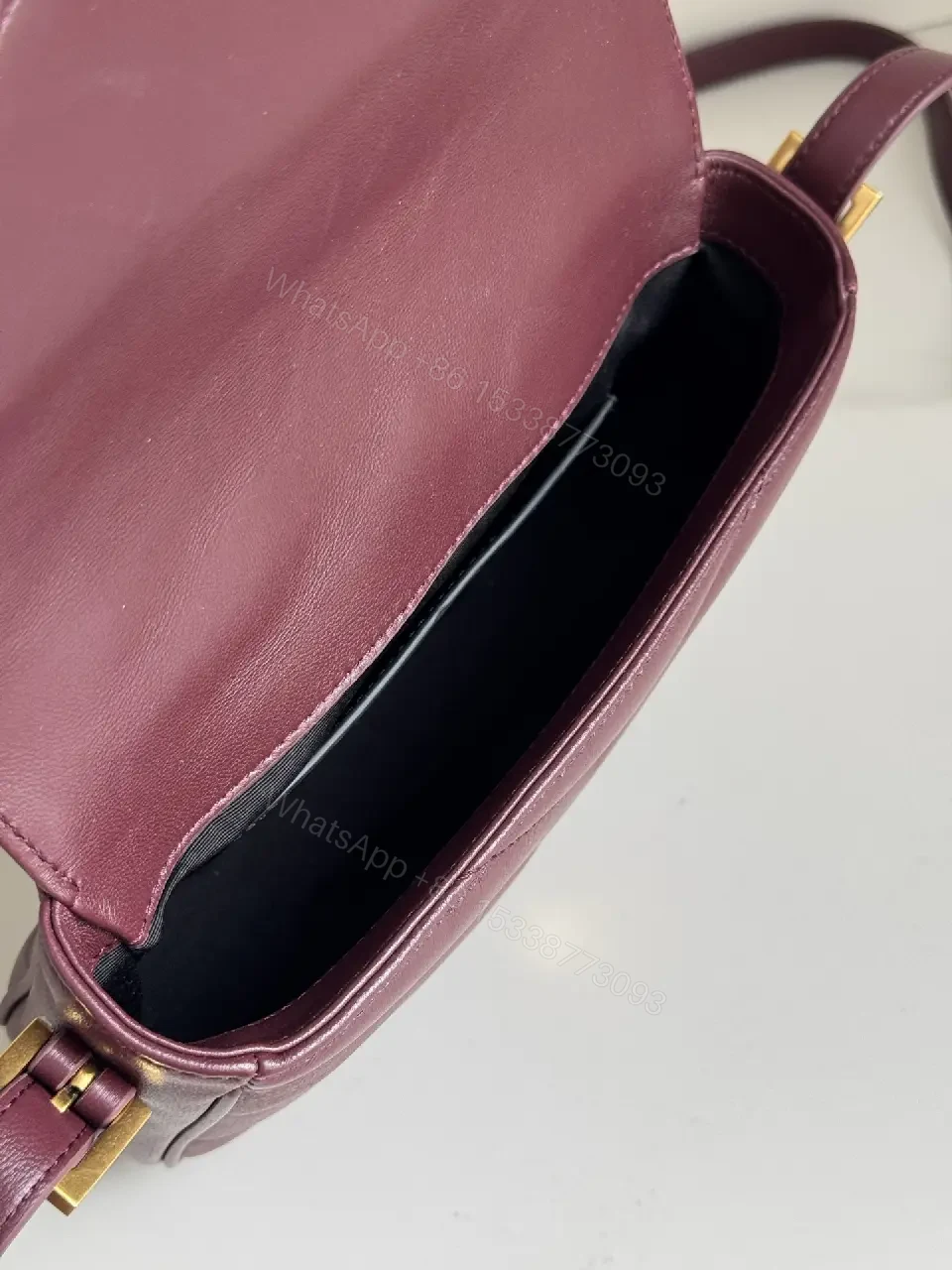 View 2 of Quilted Leather Crossbody Bag: Burgundy, Gold-Tone, Chic Evening
