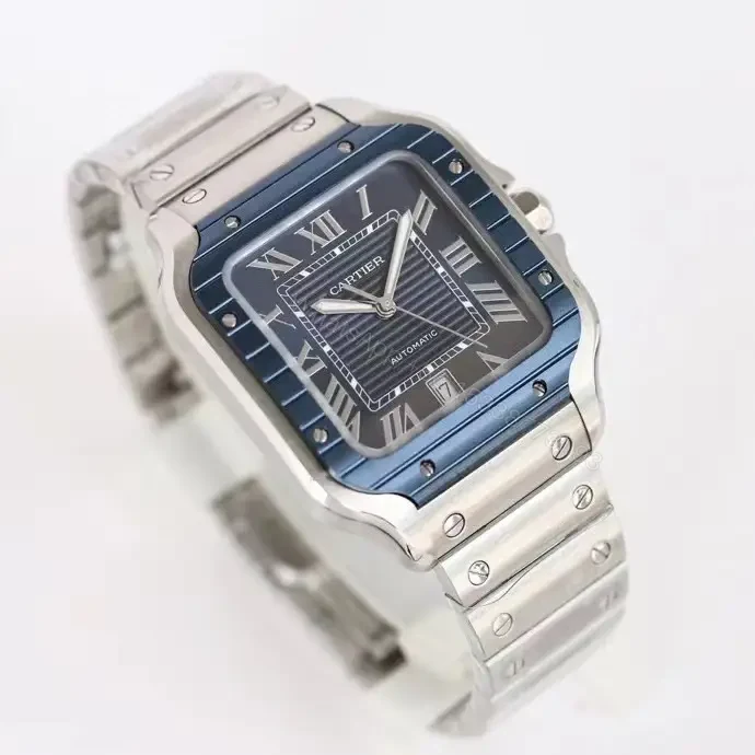 View 2 of Cartier super clone Santos Blue Dial Blue Bezel Steel Bracelet 40MM Ultimate RG-CARTIER-SANTOS-BLU-BEZ-STL-40