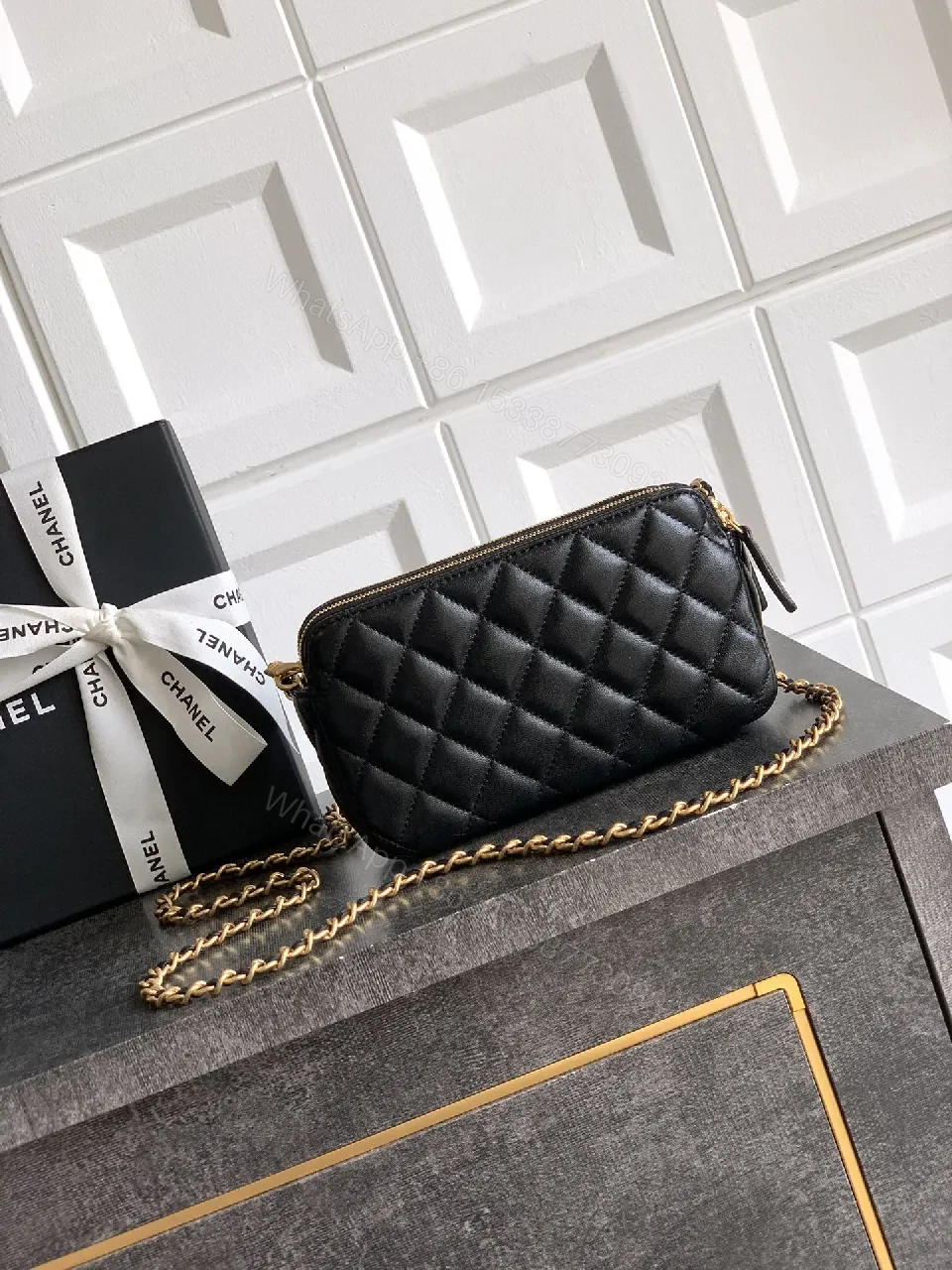 View 5 of Quilted Black Leather Shoulder Bag: Gold Hardware Chic