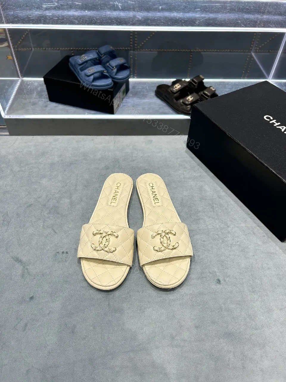 View 3 of Beige Quilted Slide: Luxe Comfort, Subtle Logo