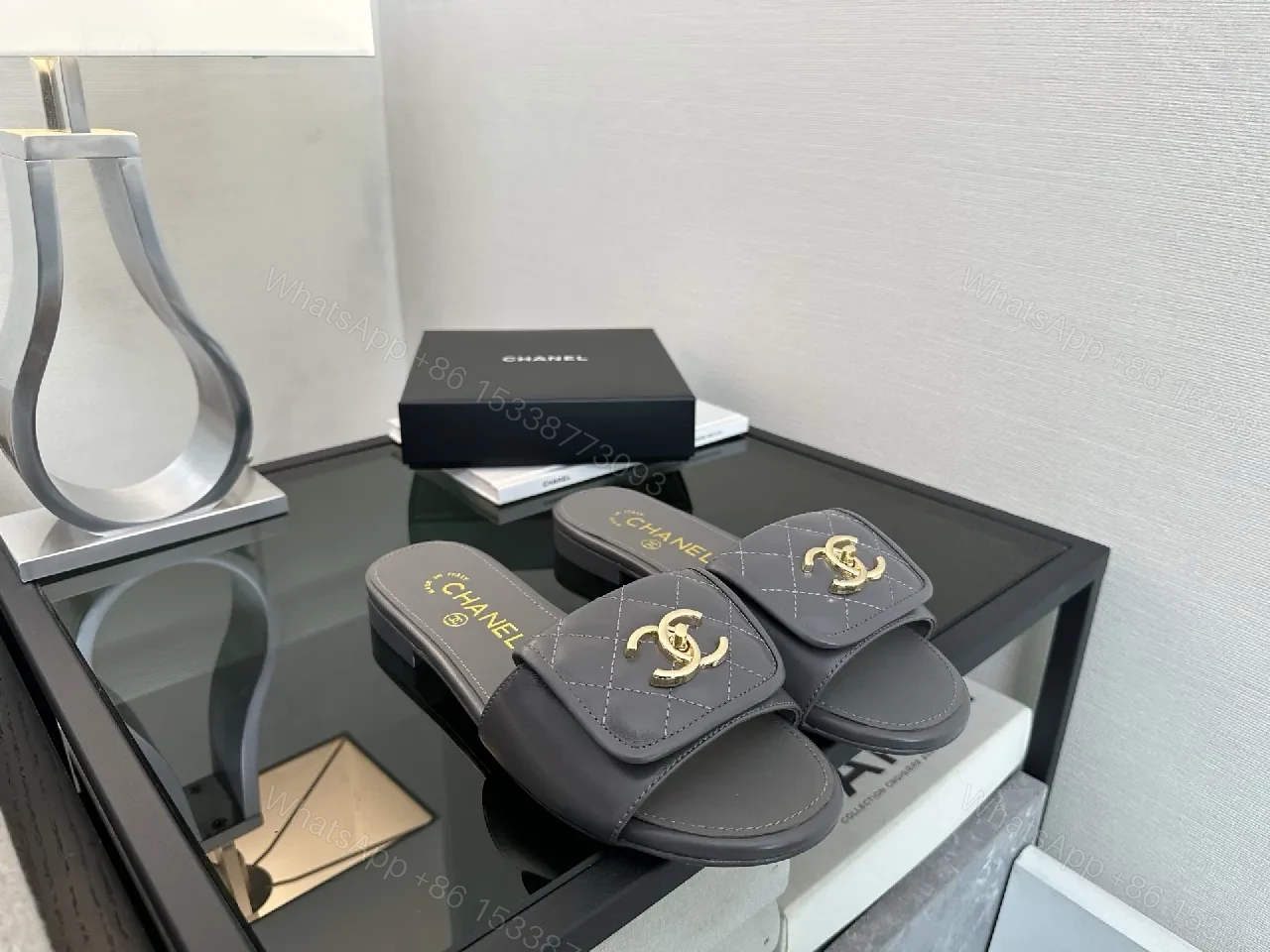 View 3 of Quilted Leather Slides with Gold Logo – Luxe Comfort