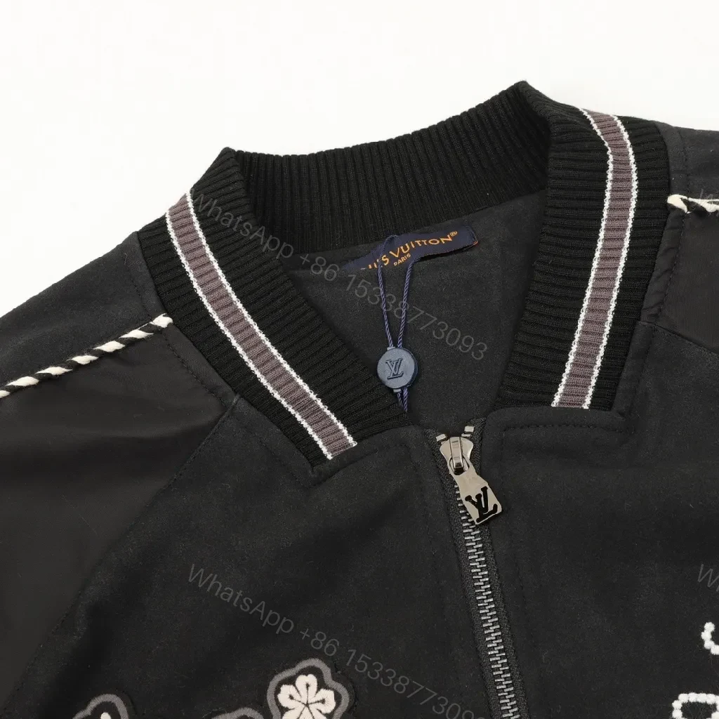 View 6 of Black Velour Bomber – Bold Floral Applique with Signature Script
