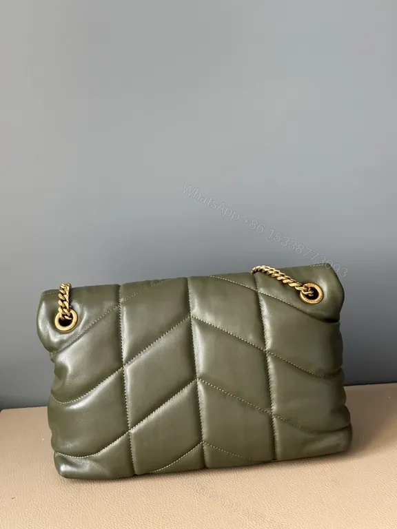 View 2 of Olive Quilted Leather Shoulder Bag with Gold YSL Logo