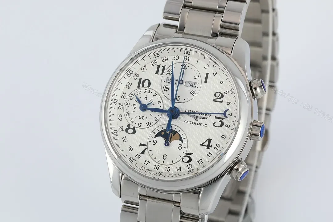 View 2 of Longines Master Collection Moonphase Eight Hand V4 Watch Silver Stainless Steel White Dial Blue Sub dials