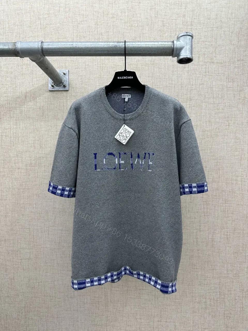Grey Knit Dress with Logo & Gingham Cuffs - Luxe Streetwear Style — view 1