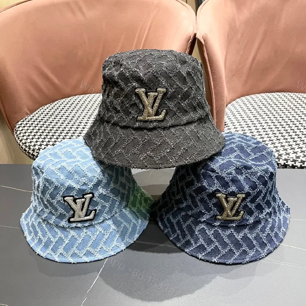 View 5 of Textured Denim Bucket Hat with LV Emblem