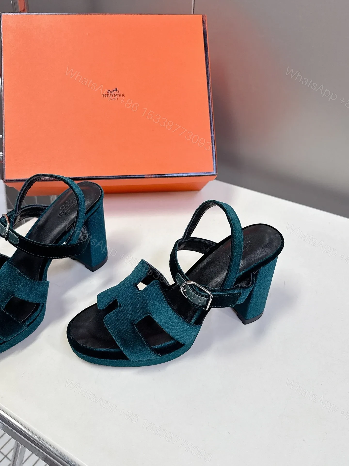 View 4 of Hermes Women Dark Green Suede Sandals