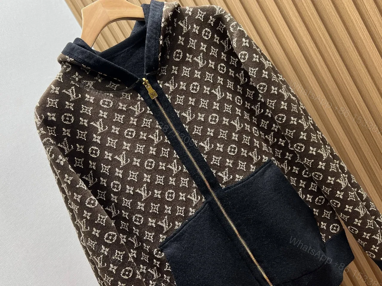 View 7 of Black Knit Zip Hoodie with Subtle LV Patch