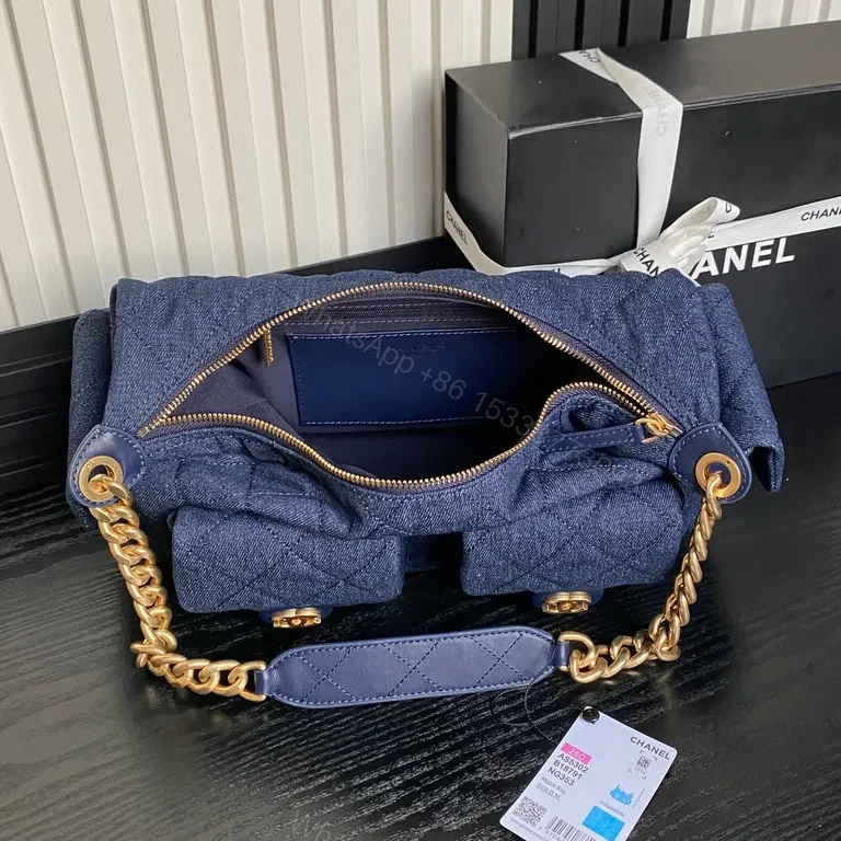 View 4 of Chic Denim Quilted Satchel with Gold Chain Strap
