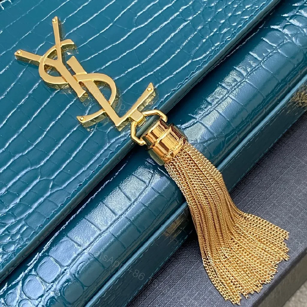 View 8 of Teal Croc-Texture Evening Bag with Gold Monogram Clasp