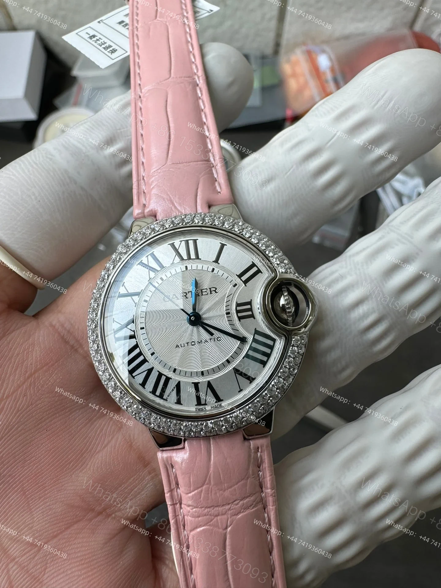 View 4 of Cartier Super Clone Ballon Bleu Diamond Bezel 33MM Pink Leather Strap