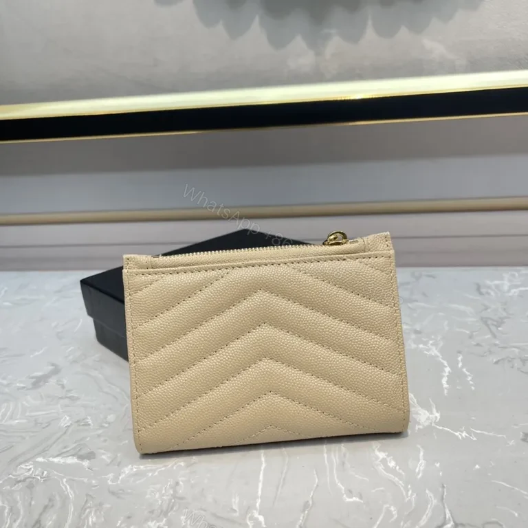 View 8 of Quilted Beige Wallet with Gold YSL Emblem - Luxury Compact Wallet