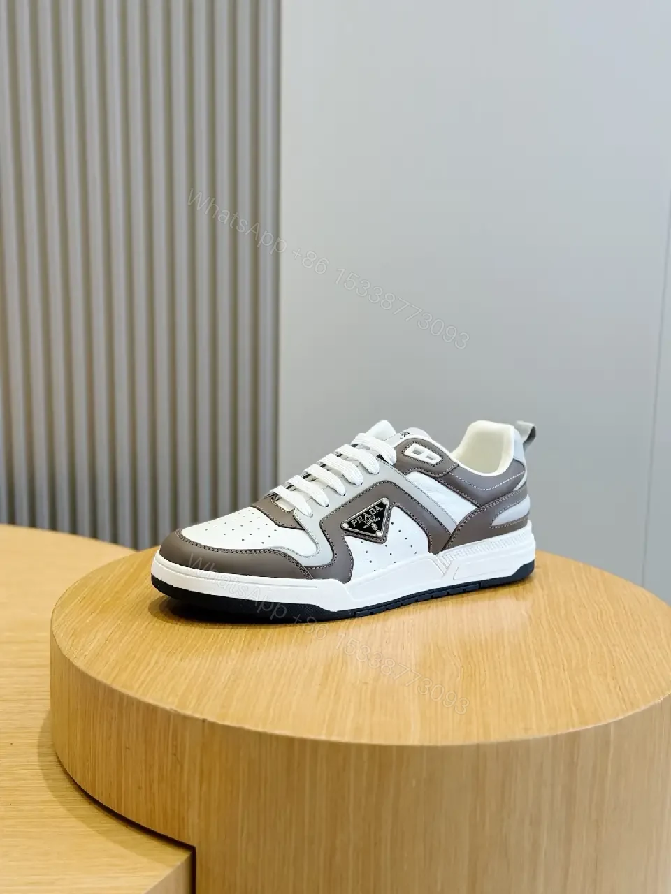 View 3 of White Brown Leather Sneaker with 3D Prada Logo, Lightweight Casual Shoes