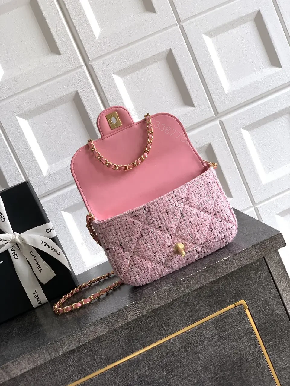 View 7 of Pink Bouclé Mini Bag with Twist Lock Crossbody
