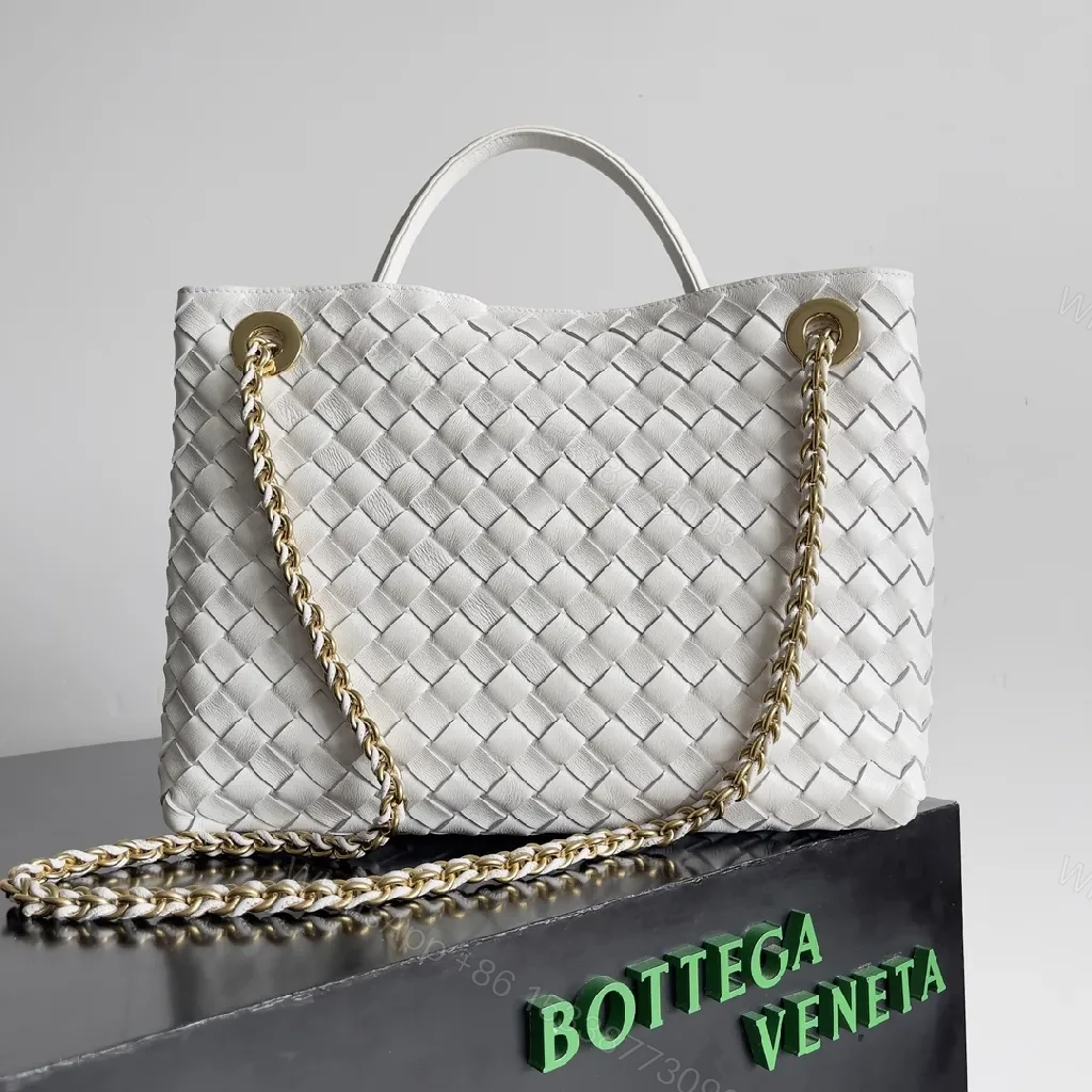 View 4 of White Faux Leather Tote with Gold Chain Accent, Woven Style Bag