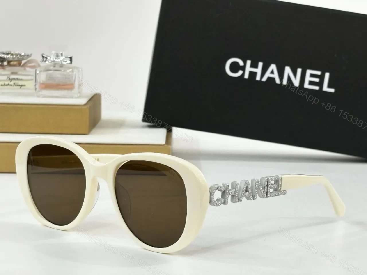 View 8 of Chic Taupe-Pink Oversized Round Sunglasses with Logo Detail