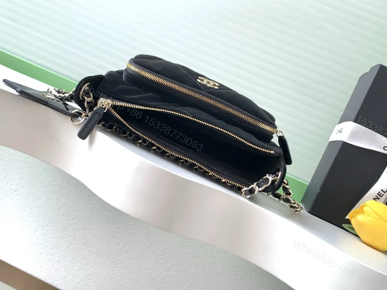 View 8 of Chic Quilted Crossbody Black Leather-Chain Bag