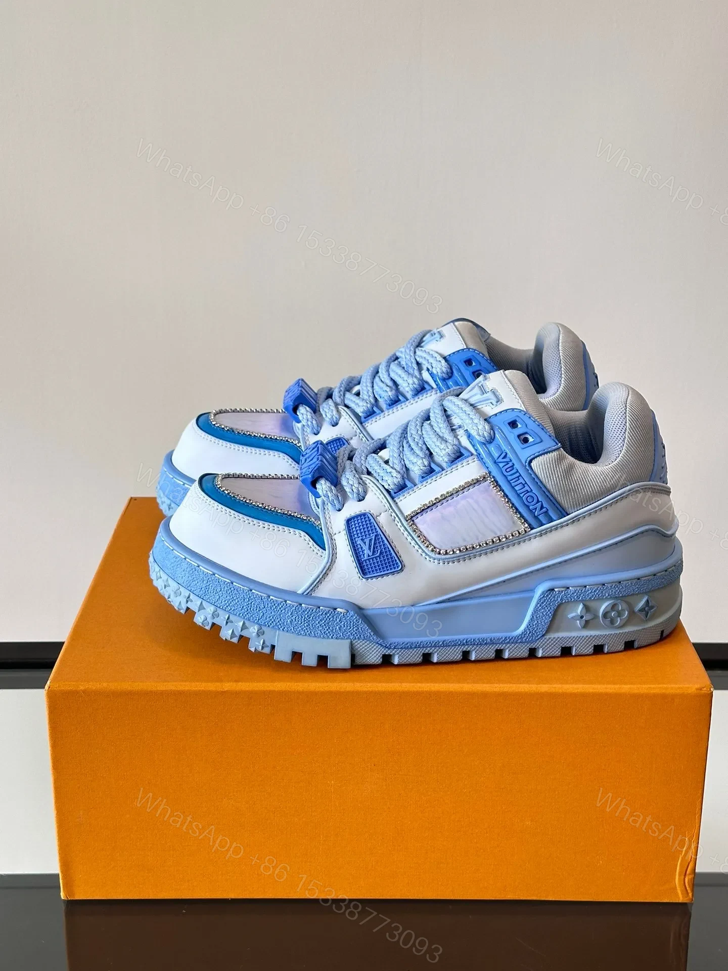 View 3 of LV Men Light Blue Leather And Fabric Sneakers