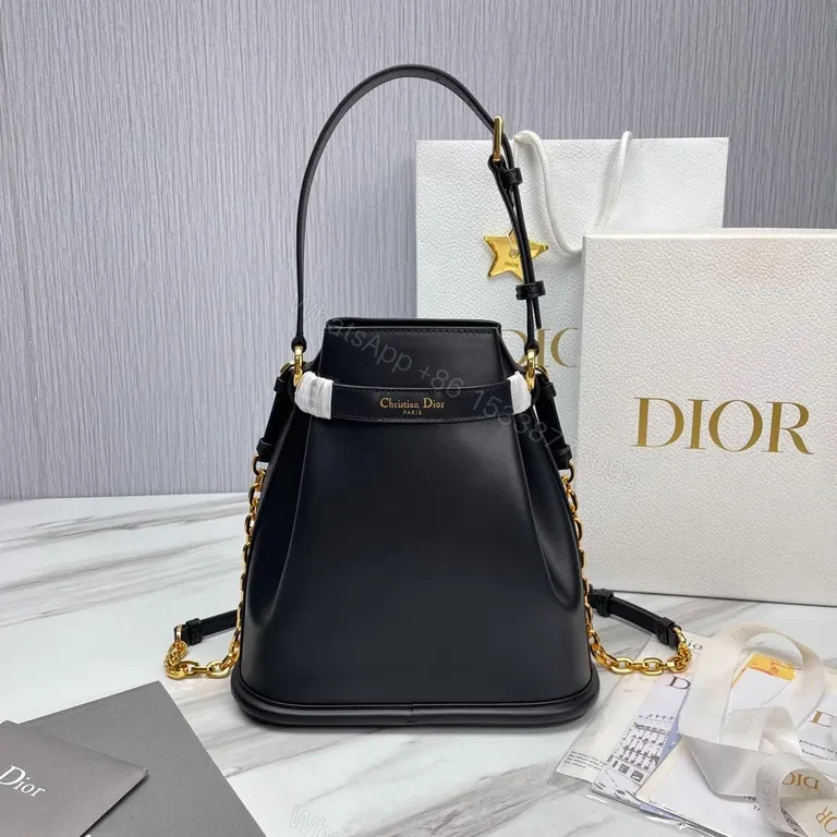 View 4 of Lux Black Leather Bucket Bag with Gold Hardware - Dior-Inspired Elevation