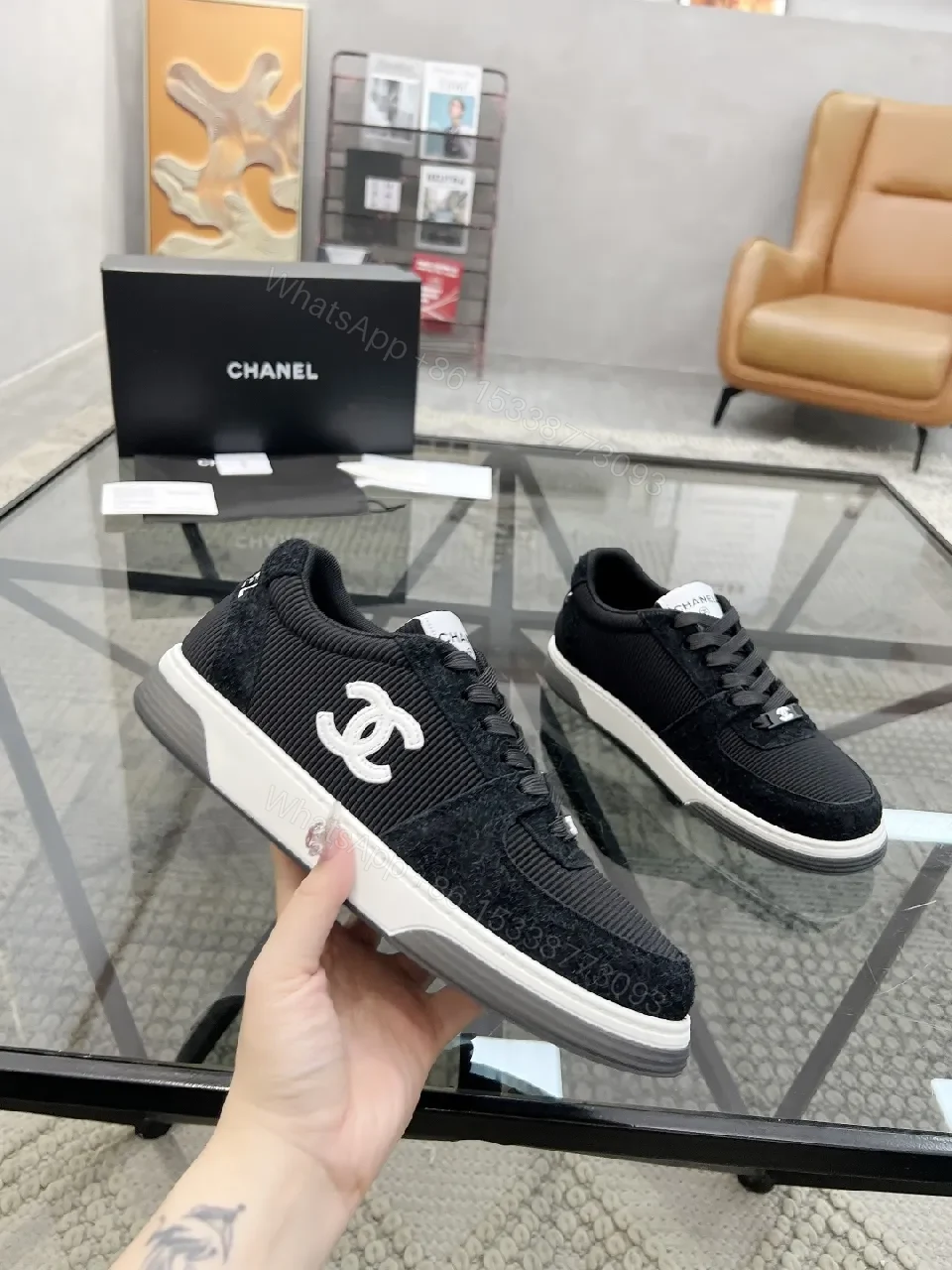 View 8 of Black Knit Sneaker + Leather-Texture Overlay + Minimalist + Signature Logo + Sneaker