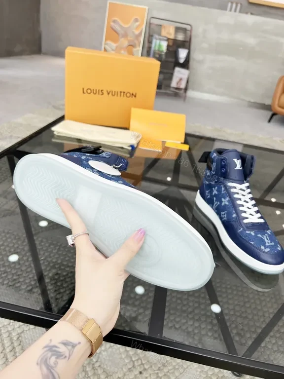 View 3 of Blue Denim High-Top Sneakers with Imitation LV Logo