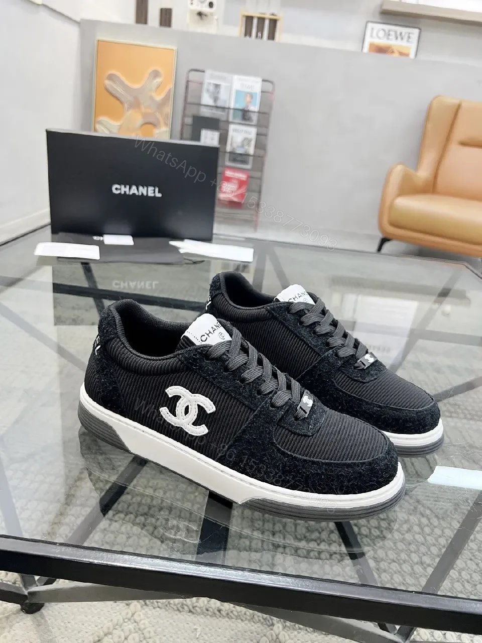 View 6 of Black Knit Sneaker + Leather-Texture Overlay + Minimalist + Signature Logo + Sneaker