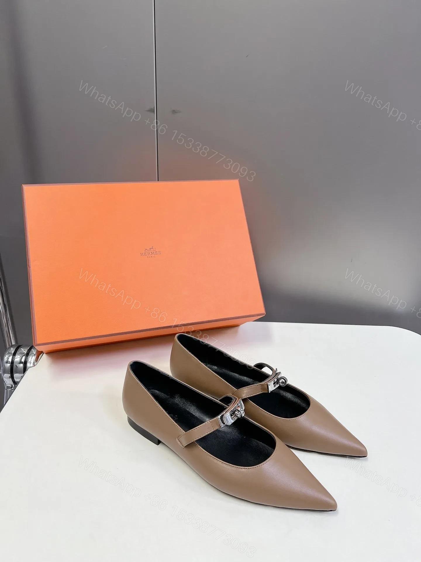 View 3 of Hermes Women Beige Leather Pointed Strap Flats