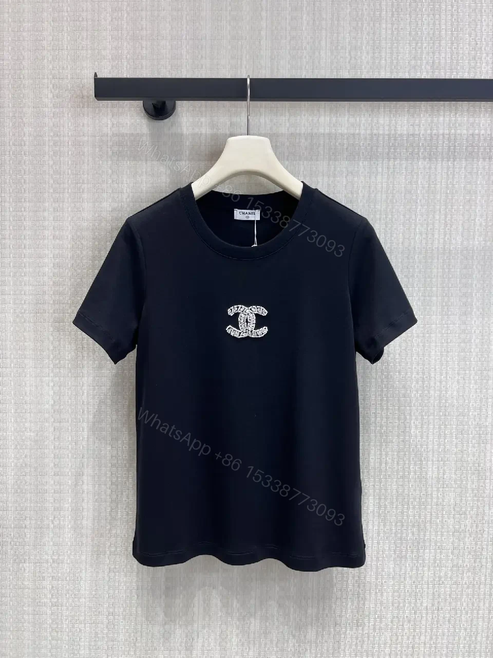 View 4 of Black Cotton T-Shirt with Embroidered Logo Chanel Style Tee