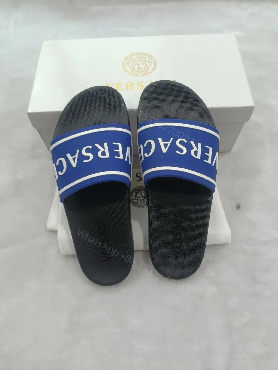 View 5 of Bold Logo Stride Sliders: Blue-White Luxury Comfort Sandals
