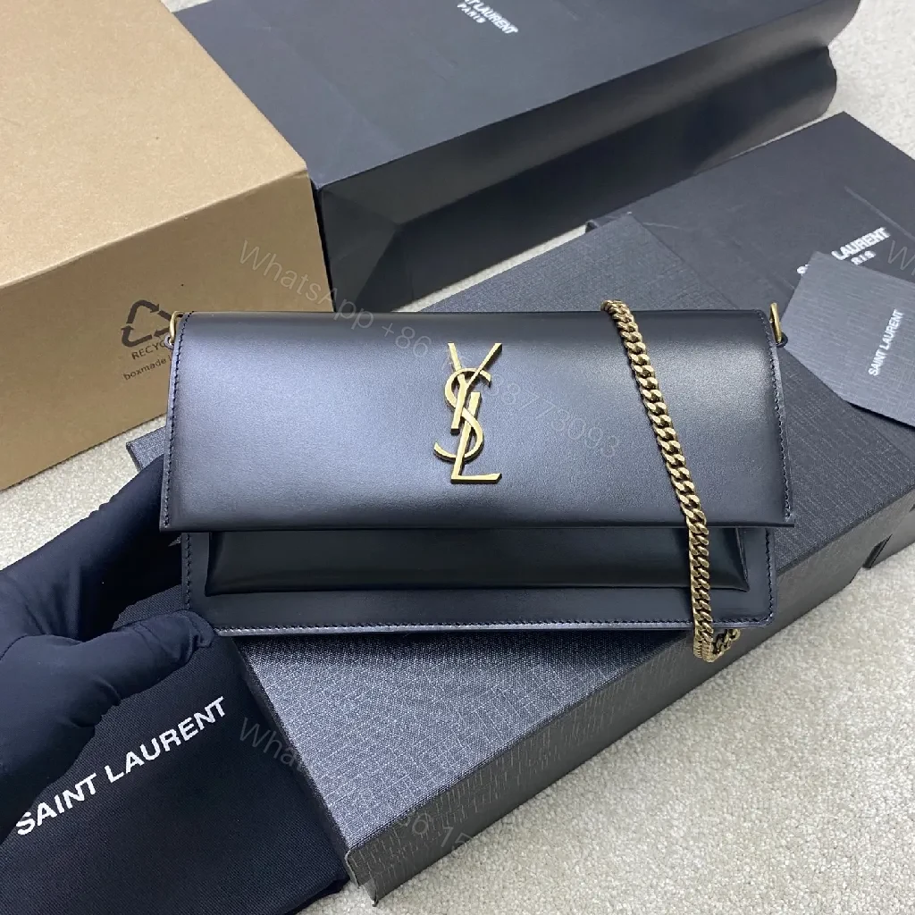 Chic Black Leather Shoulder Clutch with Gold Logo — view 1