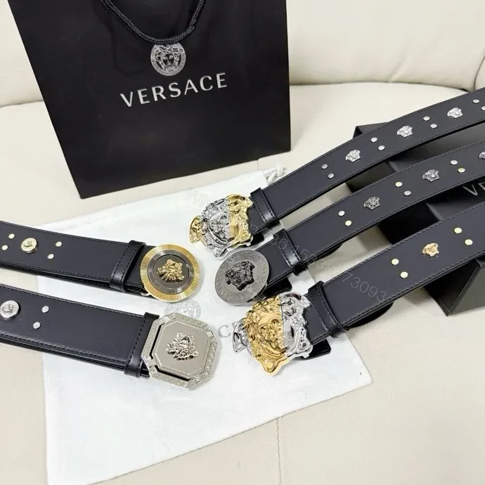 View 3 of Golden Medusa Buckle Belt — Black Leather, Two-Tone Luxury