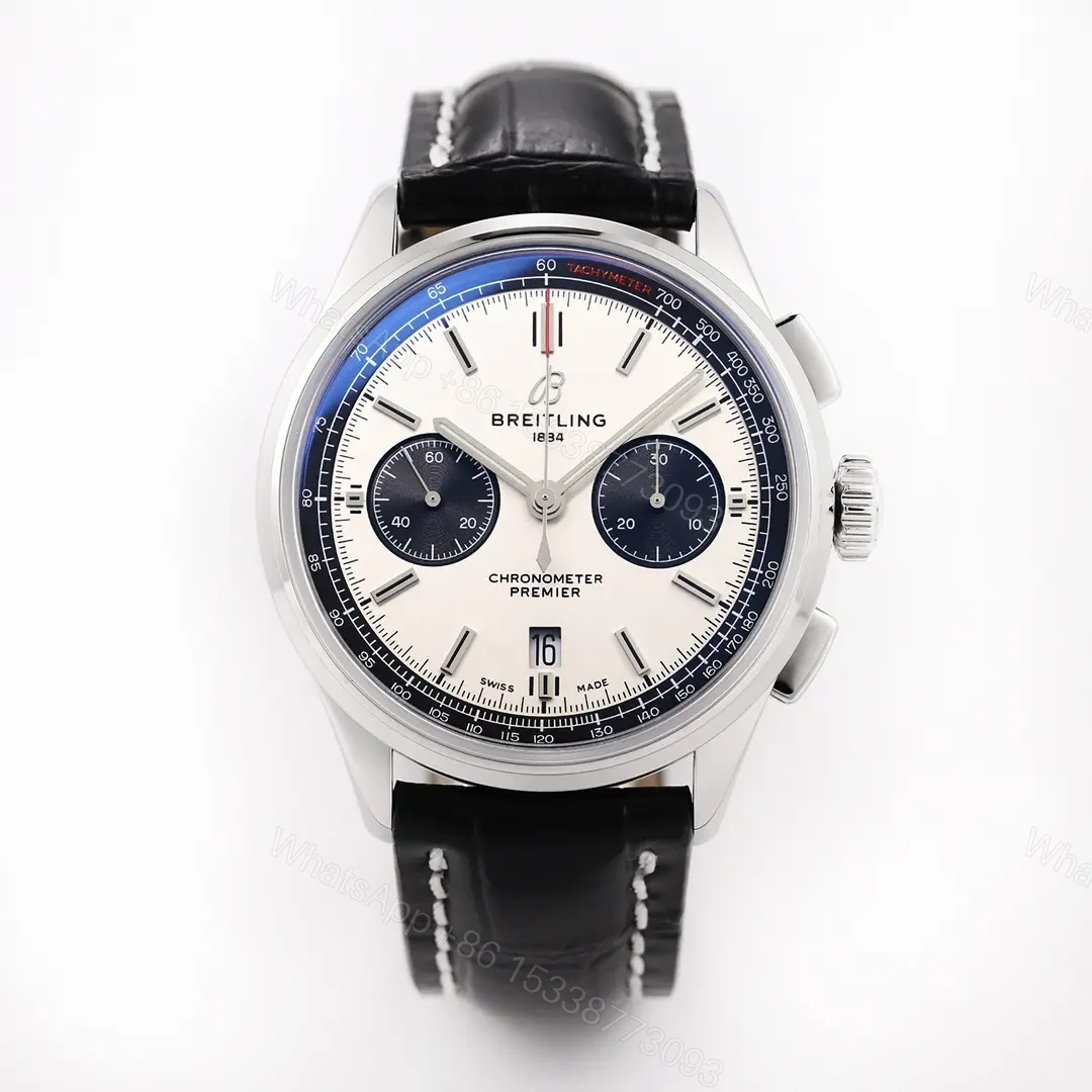 GF Factory Breitling Premier B01 Chronograph Watch – Silver Dial, Blue Sub-dials, Black Leather Strap — view 1