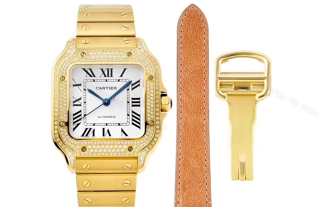 JF Factory Cartier Santos de Cartier Women’s Watch – Stainless Steel and Gold with White Dial, Blue Hands, and Brown Leather Strap — view 1