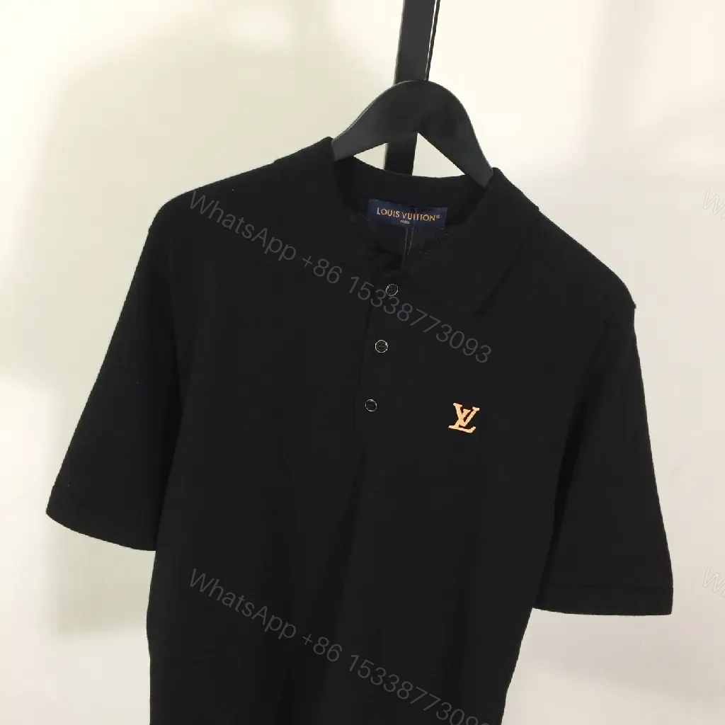 View 2 of Solid Black Polo Shirt with Gold LV Logo, Short Sleeves, Classic Collar