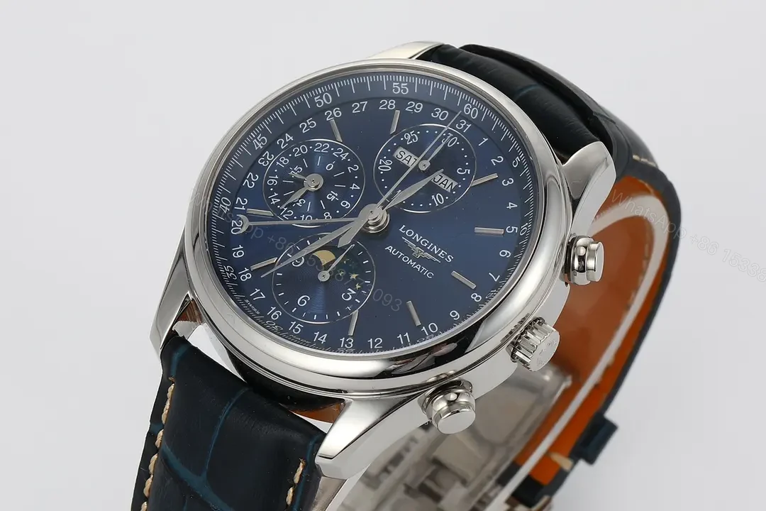 View 2 of Longines Master Collection Moonphase Blue Dial Automatic Watch with Leather Strap