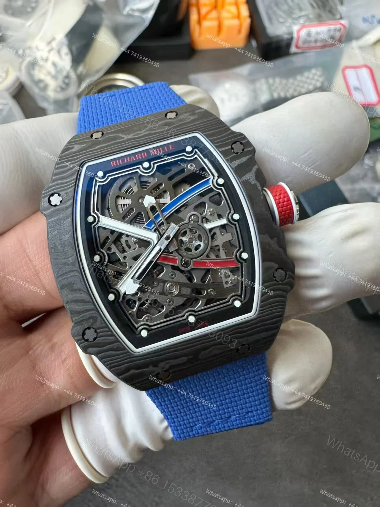 View 4 of Super Clone Richard Mille RM67-02 Carbon TPT Skeleton Tourbillon 1:1 Replica Watch with Blue Strap