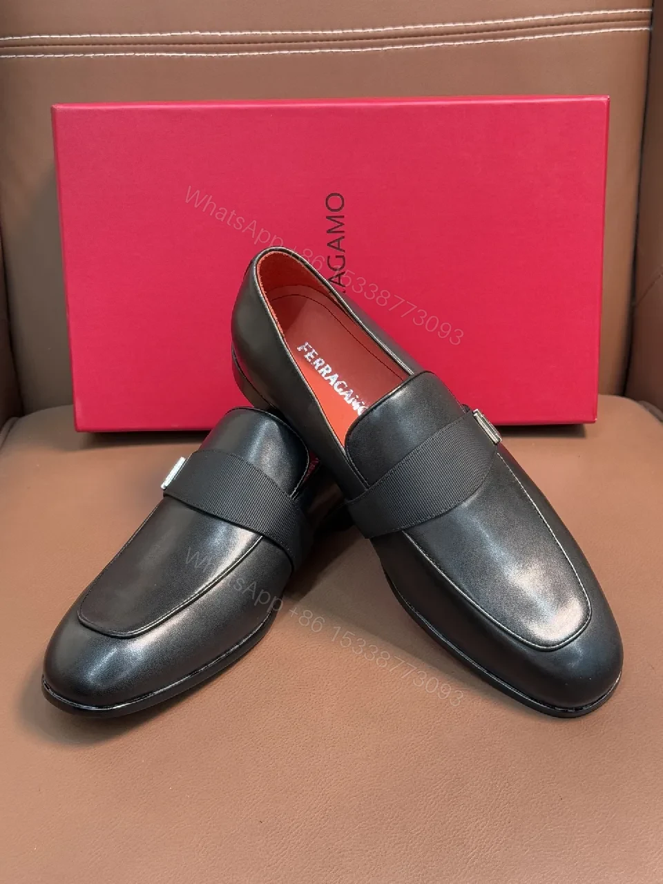 View 6 of Elegant Leather Loafers with Red Leather Interior, Metal Accent, Slip-On Style