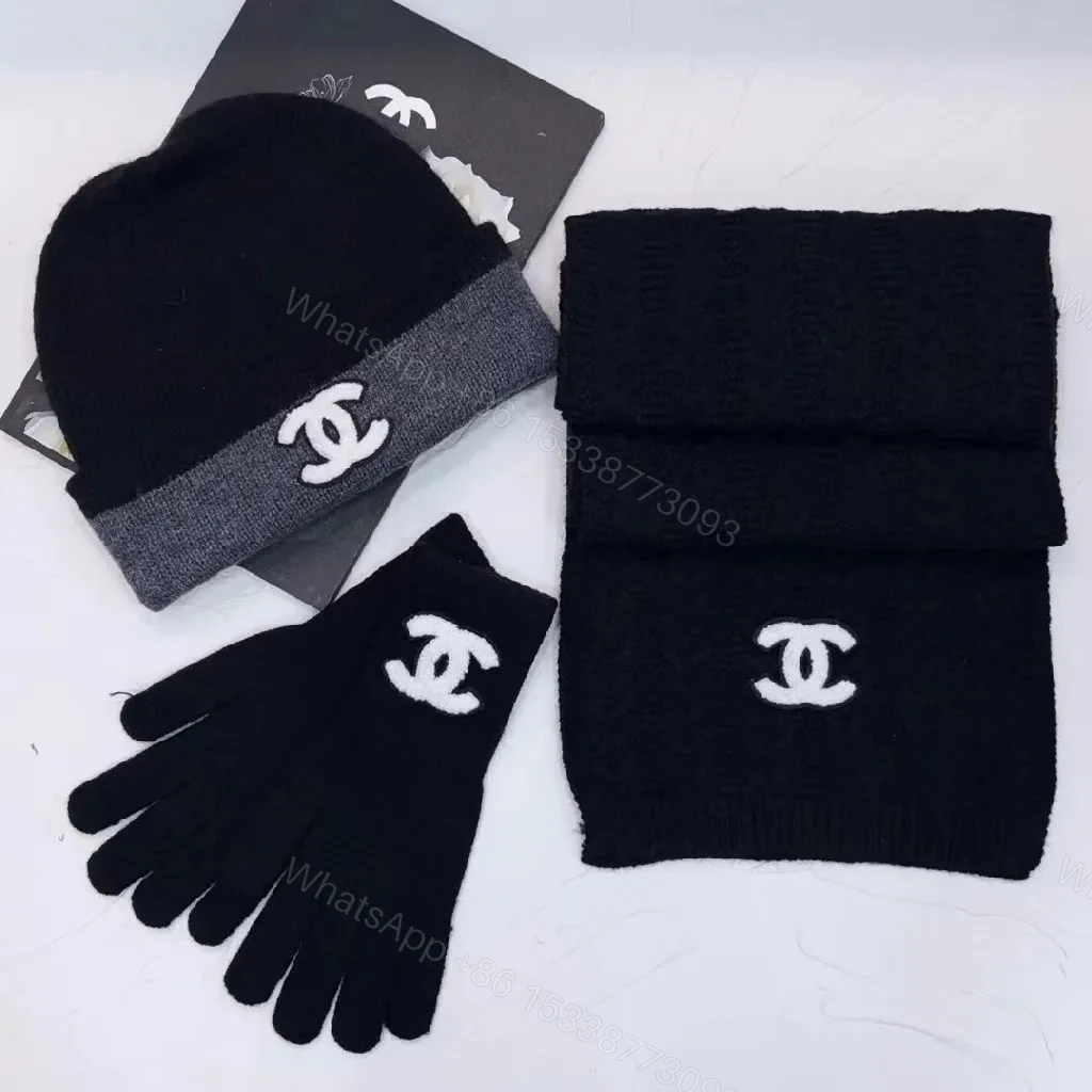 View 9 of Cozy Knit Set: Textured Scarf, Beanie & Gloves with Logo