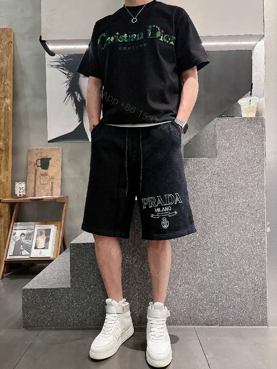 View 3 of Black Cotton Shorts Prada Logo Casual Style with Drawstring