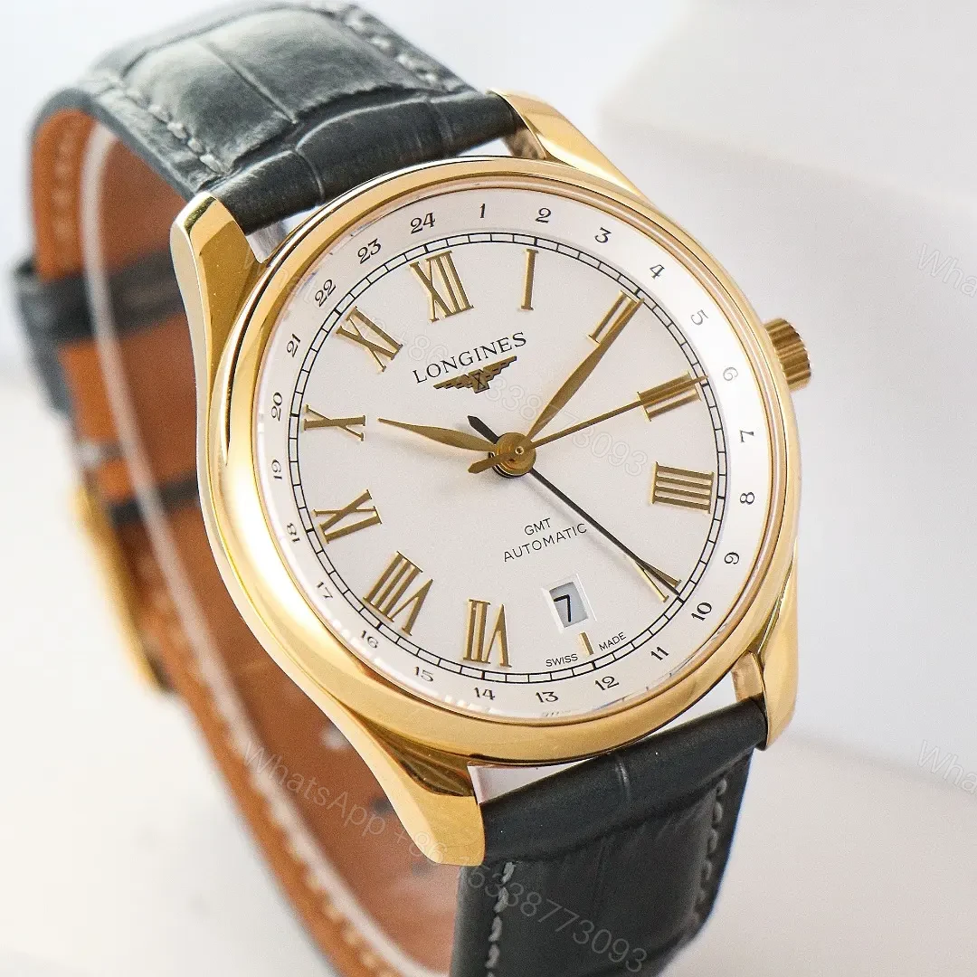 View 5 of Longines Master Classic Reproduction GMT Dual Time Watch Rose Gold with White Dial Roman Numerals and Grey Italian Leather Strap