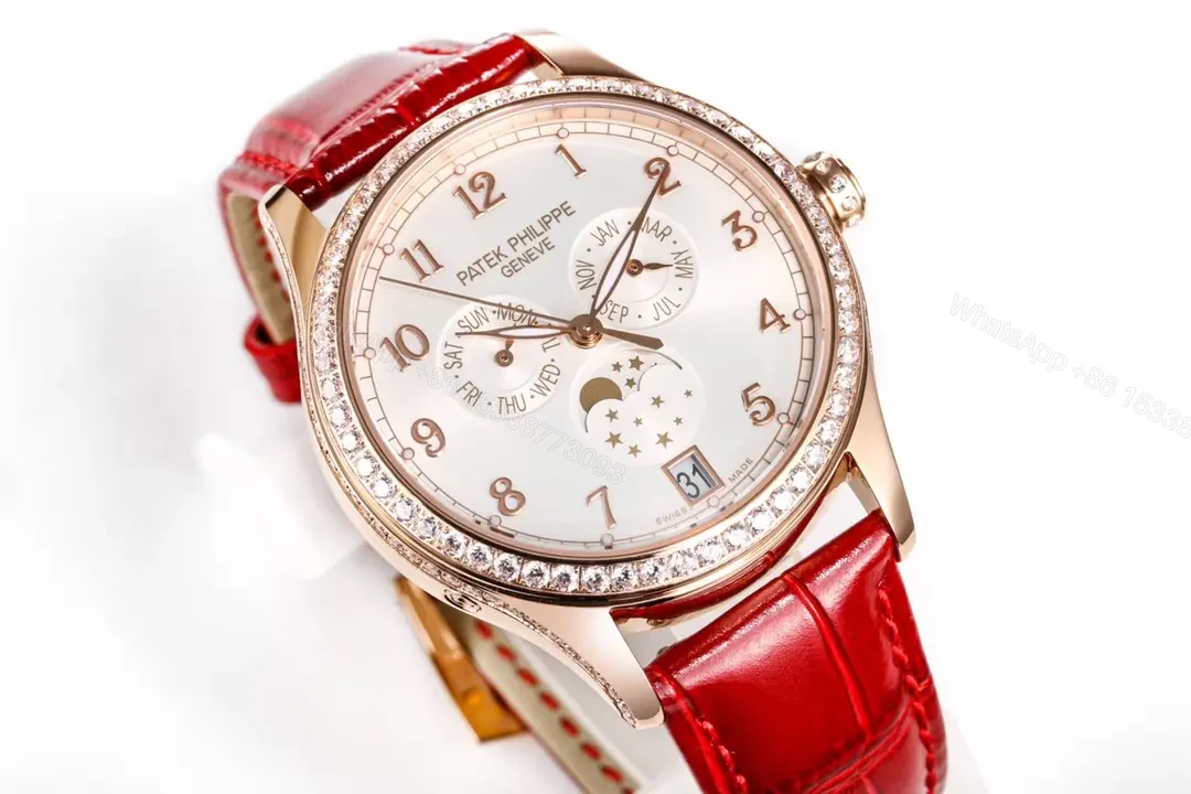 View 3 of Patek Philippe Complications Collection Annual Calendar Moon Phase Women’s Watch in Rose Gold with Diamond Set Case Red Leather Strap and Mother of Pearl Dial