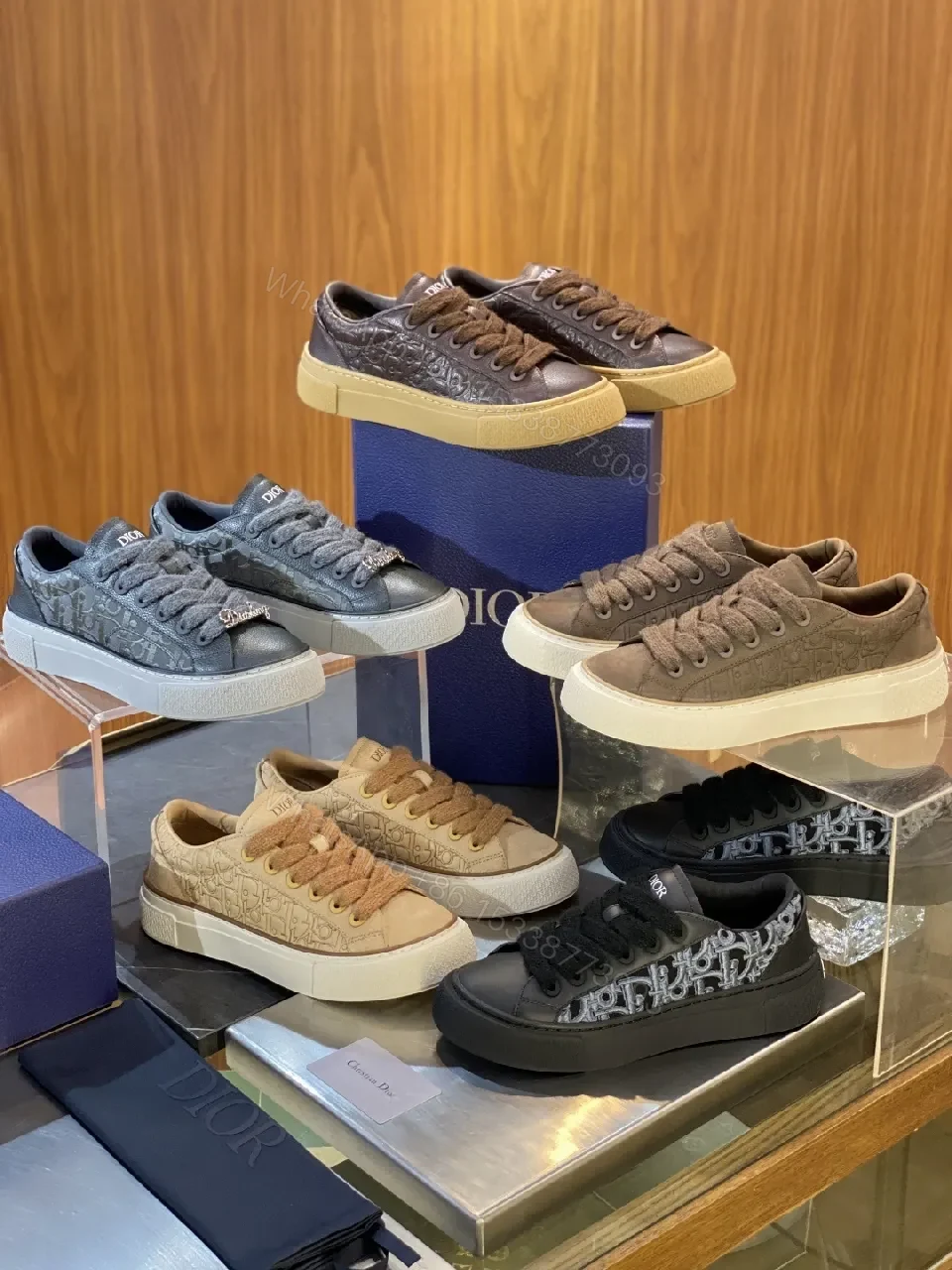 View 6 of Brown Leather Embossed Low-Top Sneakers with Gum Sole