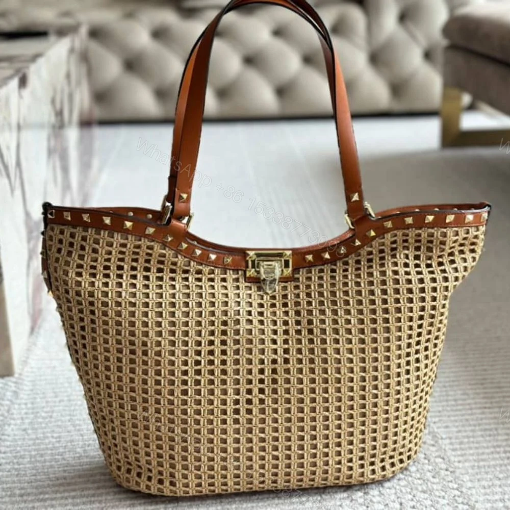 View 2 of Valentino Garavani Rockstud Raffia Tote Bag Brown 31cm