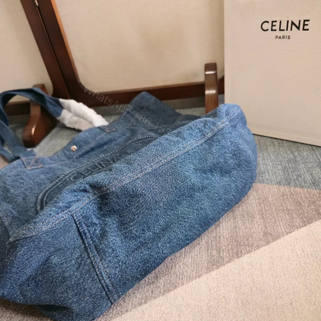 View 3 of Denim Tote with Embossed Logo—Structured Luxury Tote