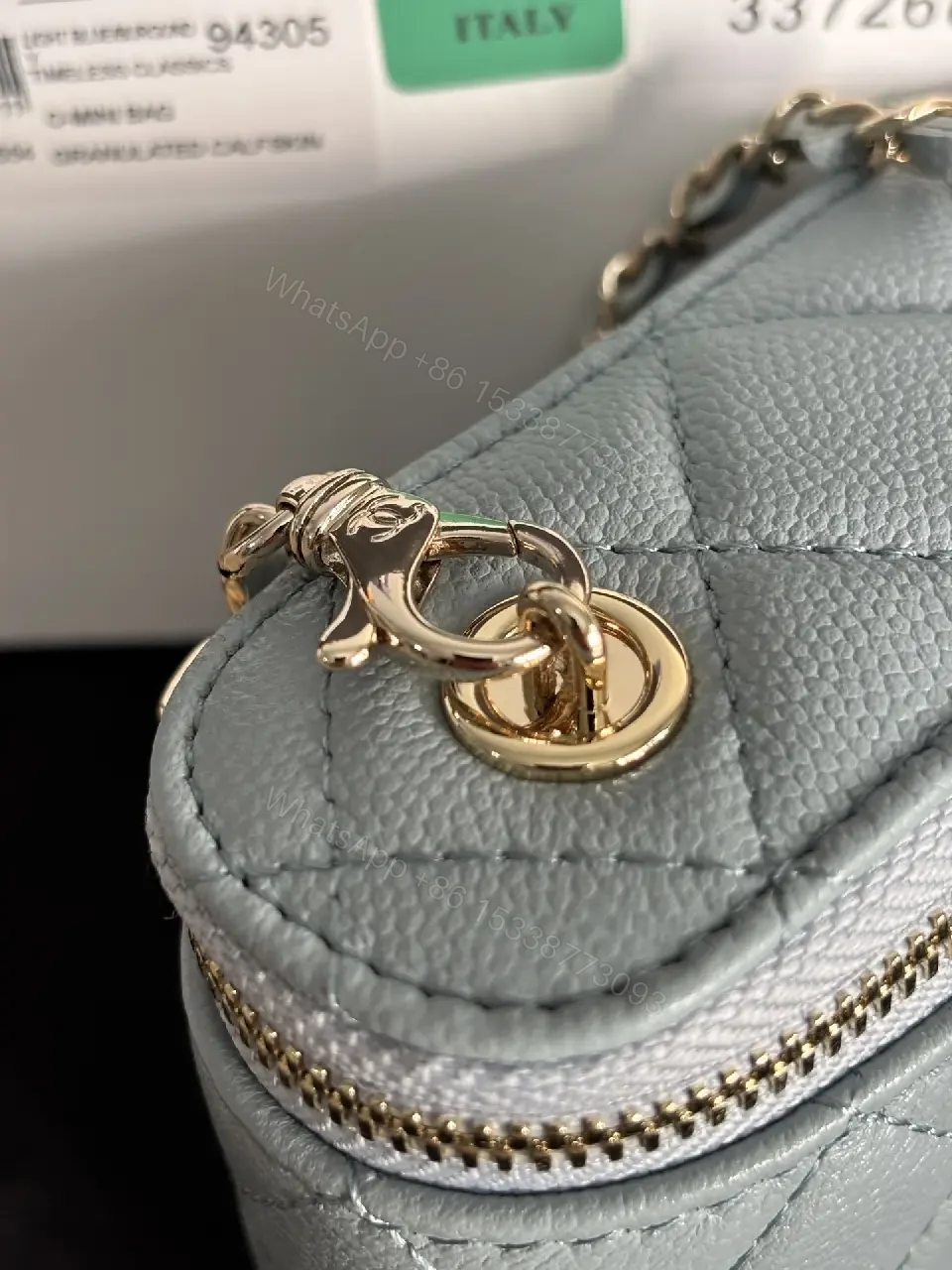 View 6 of Blue-Gray Quilted Leather Shoulder Bag with Chain Strap, Compact Luxury