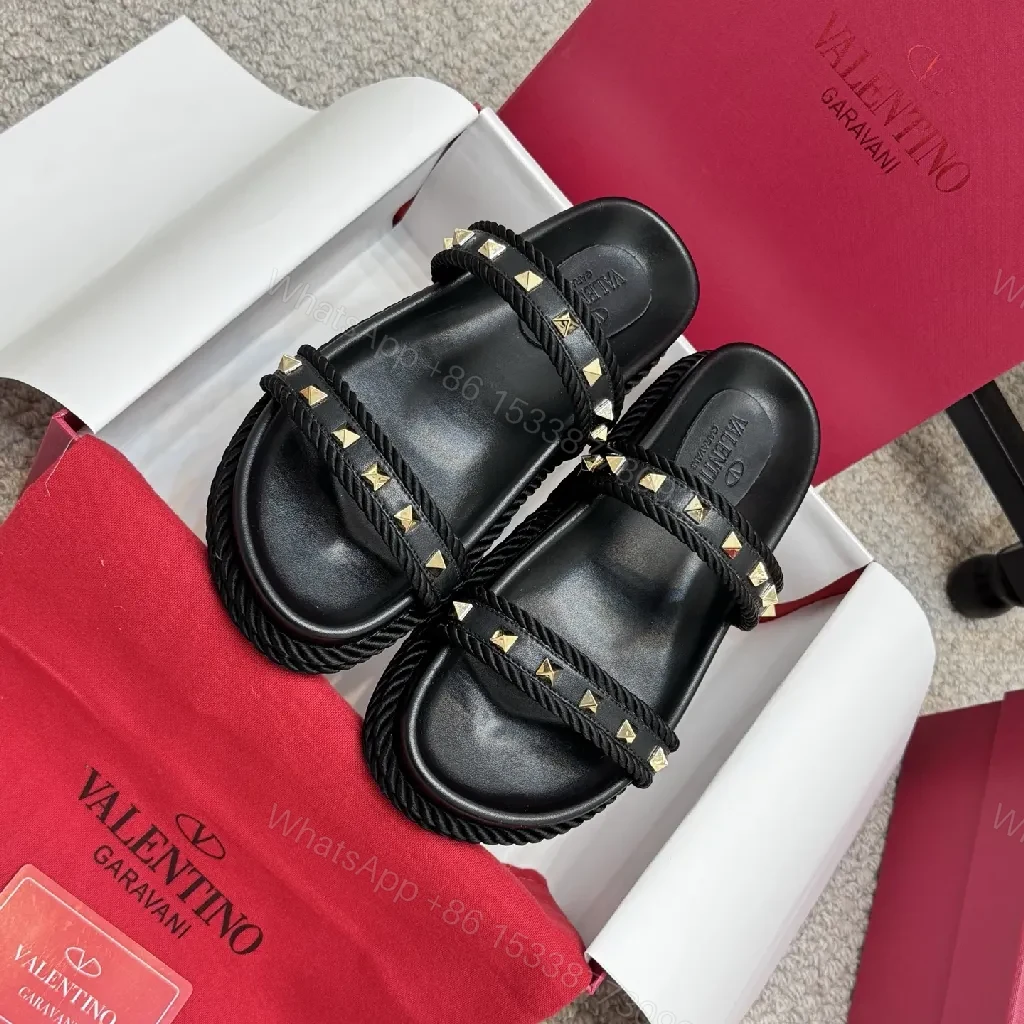 View 2 of Statement Leather Slide with Rope Trim Studs